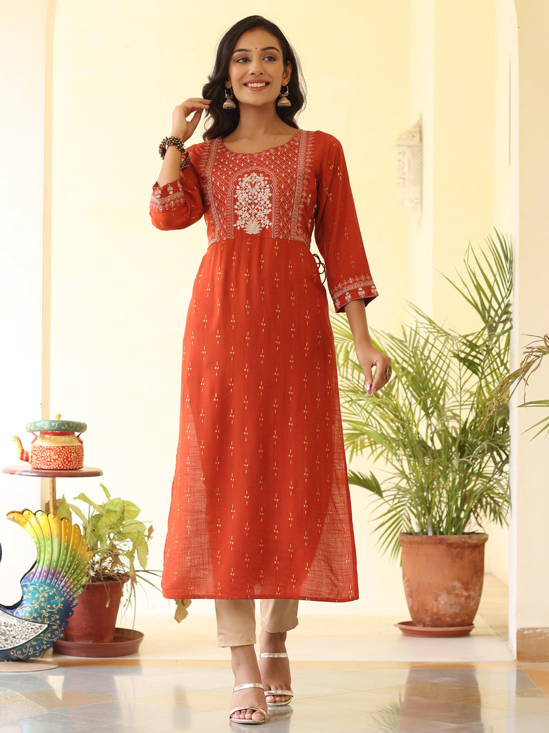 Rust Heavy Embroidered Gold Khadi Print Rayon Slub Kurta
