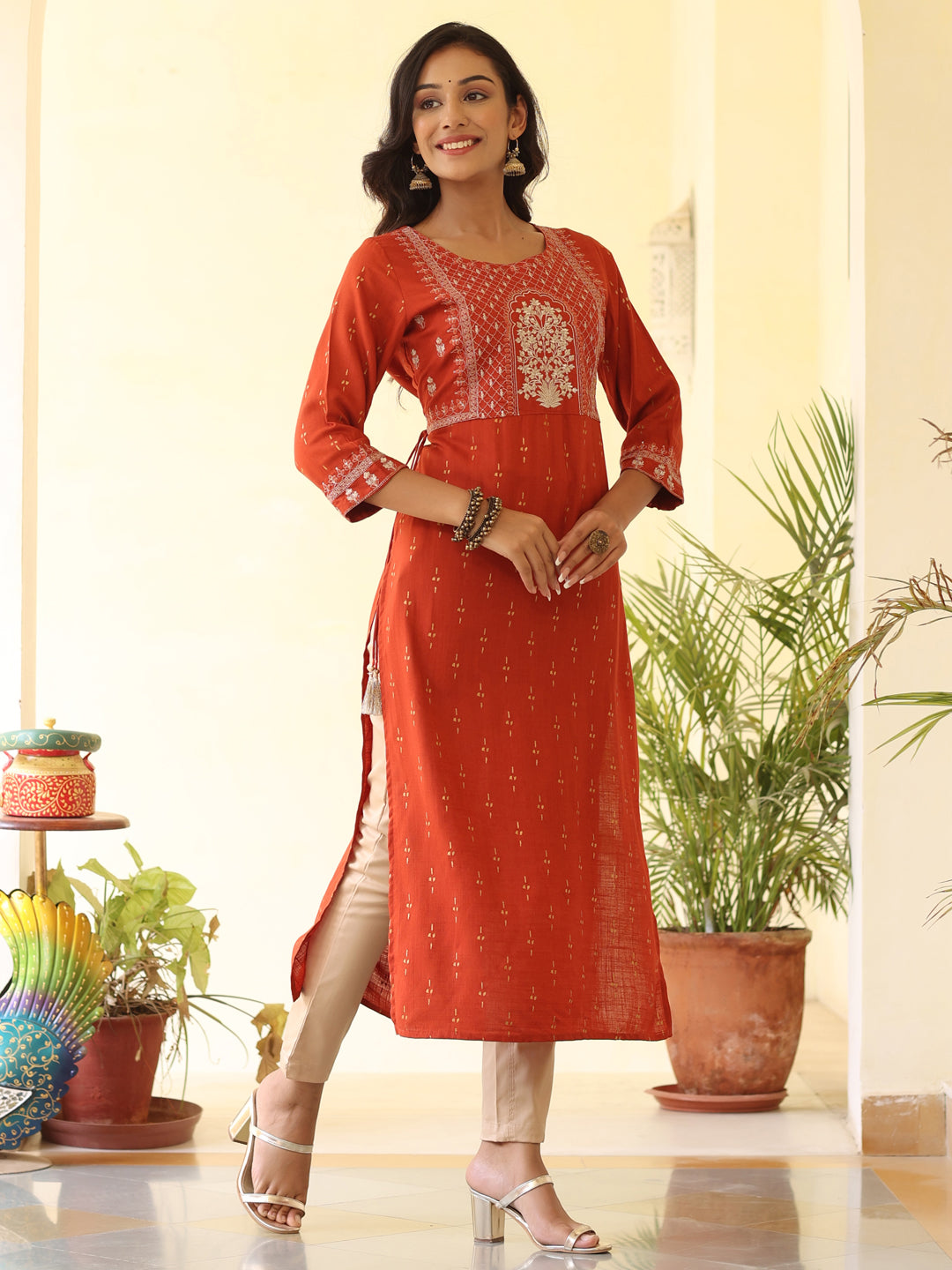Rust Heavy Embroidered Gold Khadi Print Rayon Slub Kurta