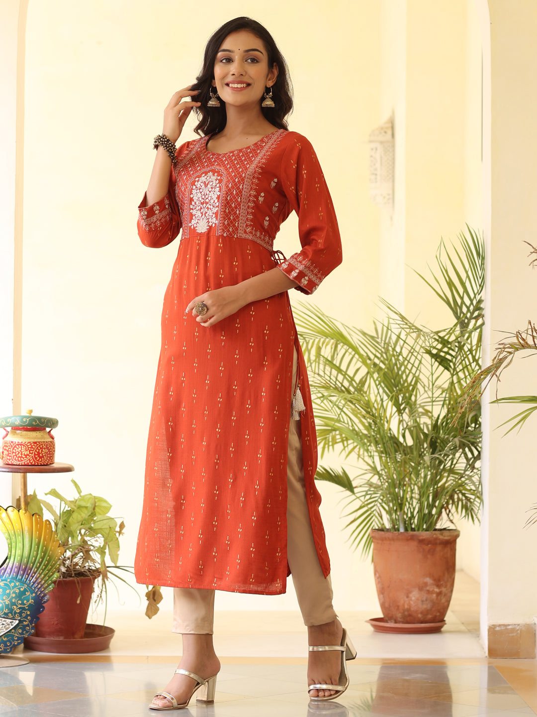 Rust Heavy Embroidered Gold Khadi Print Rayon Slub Kurta