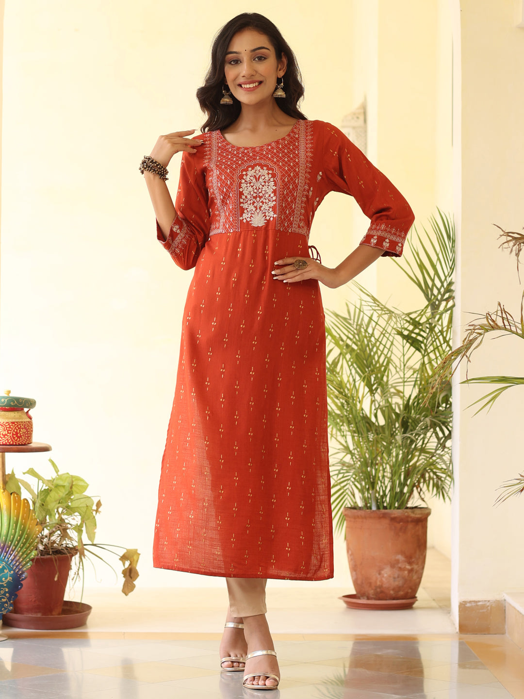 Rust Heavy Embroidered Gold Khadi Print Rayon Slub Kurta