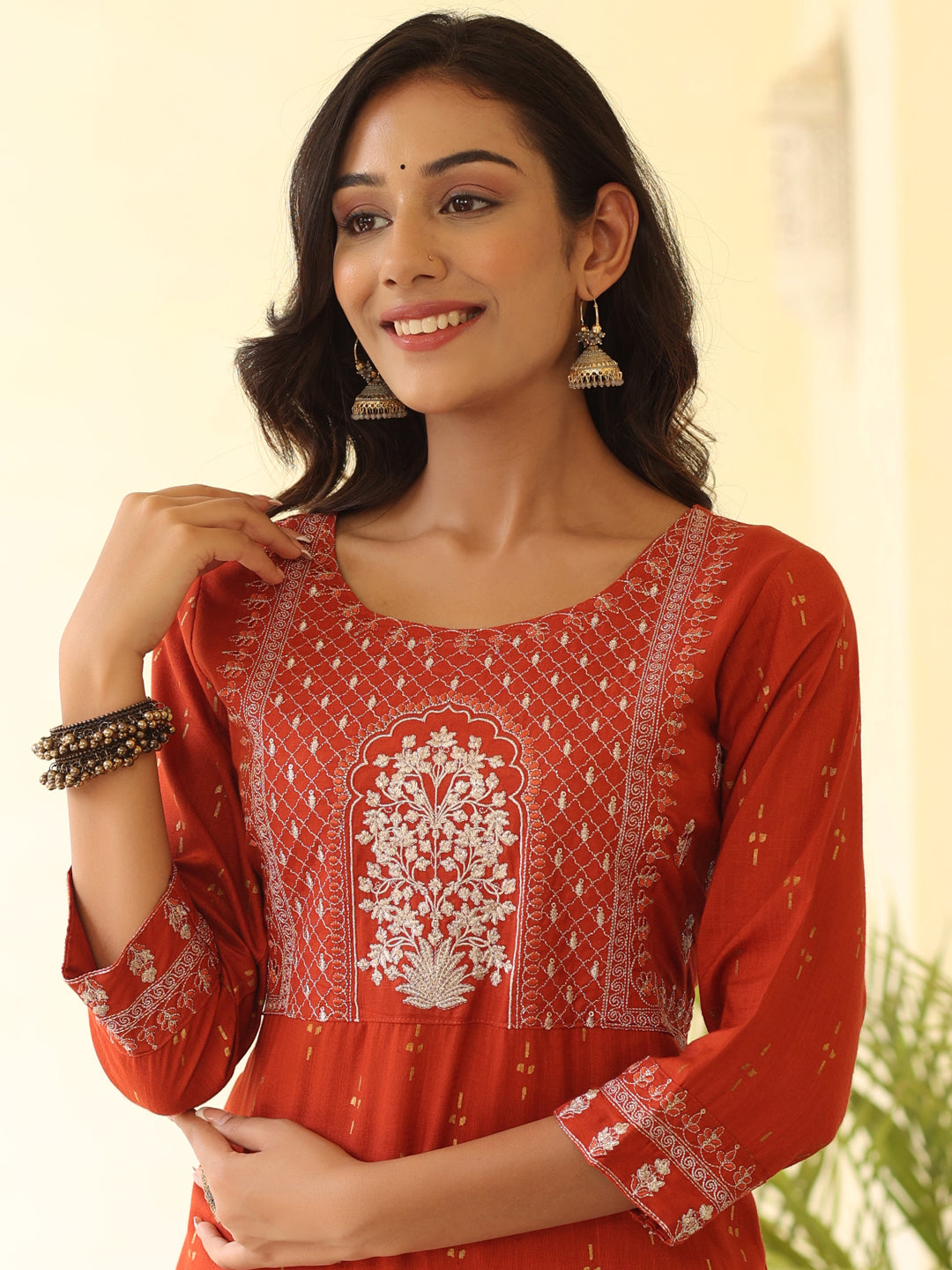 Rust Heavy Embroidered Gold Khadi Print Rayon Slub Kurta