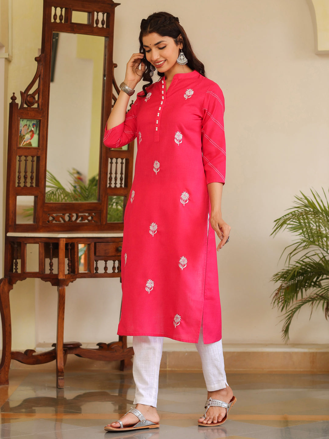 Embroidered Hot Pink Embellished Cotton Straight Kurta