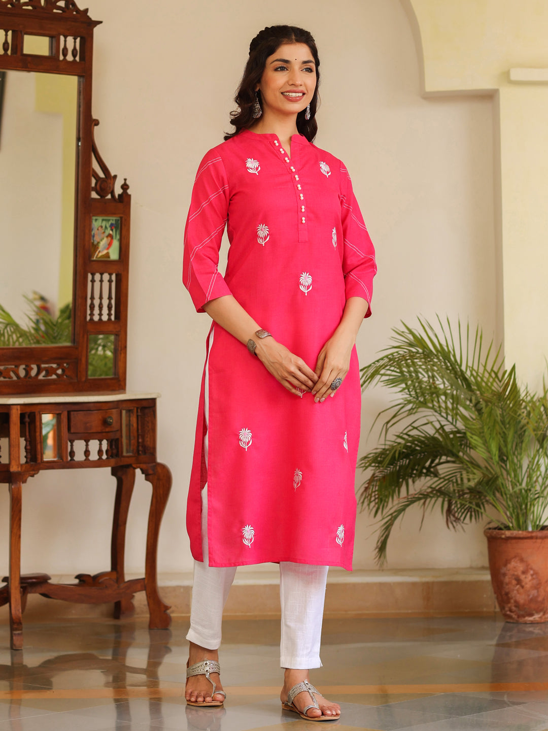 Embroidered Hot Pink Embellished Cotton Straight Kurta