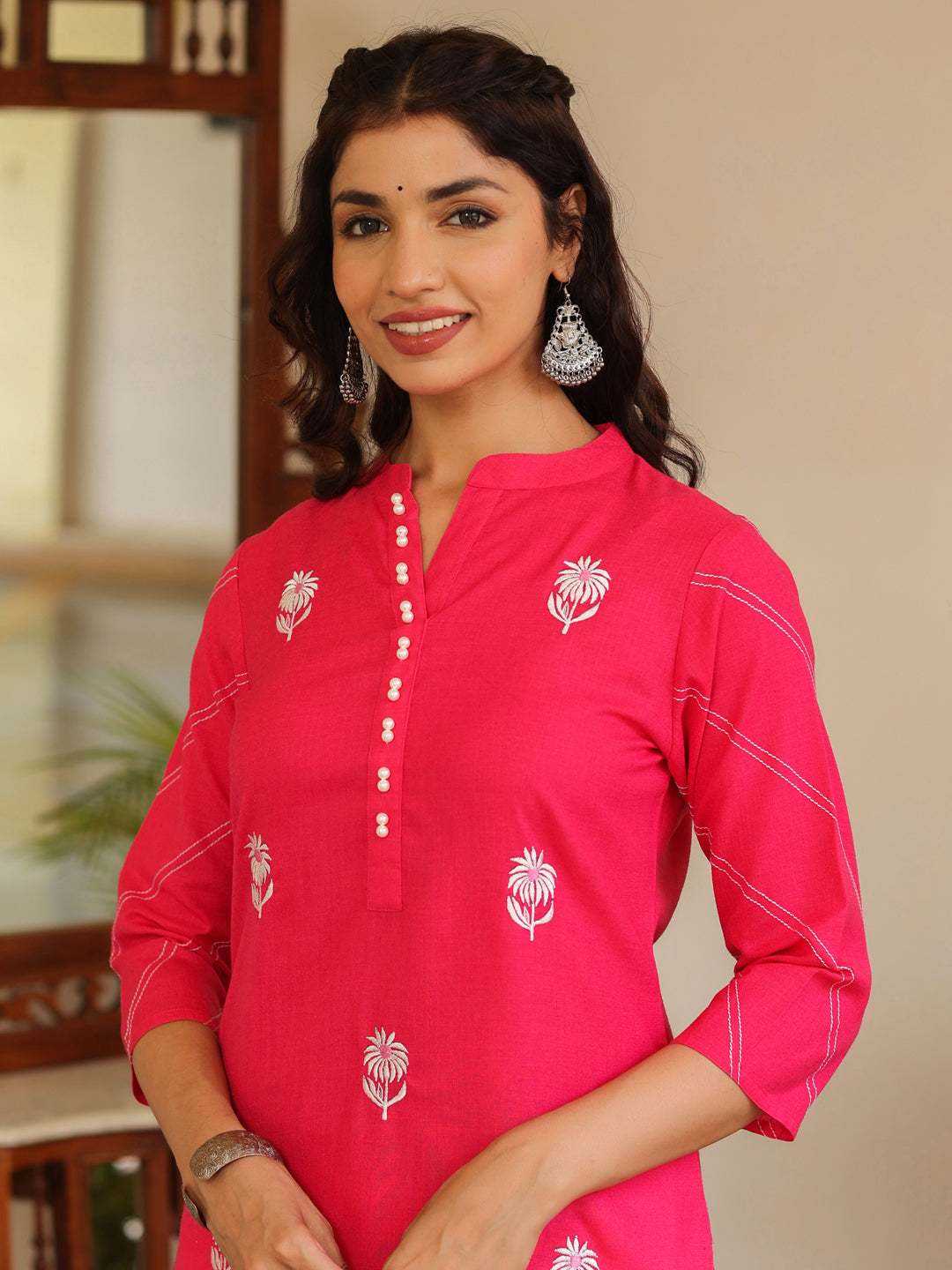 Embroidered Hot Pink Embellished Cotton Straight Kurta