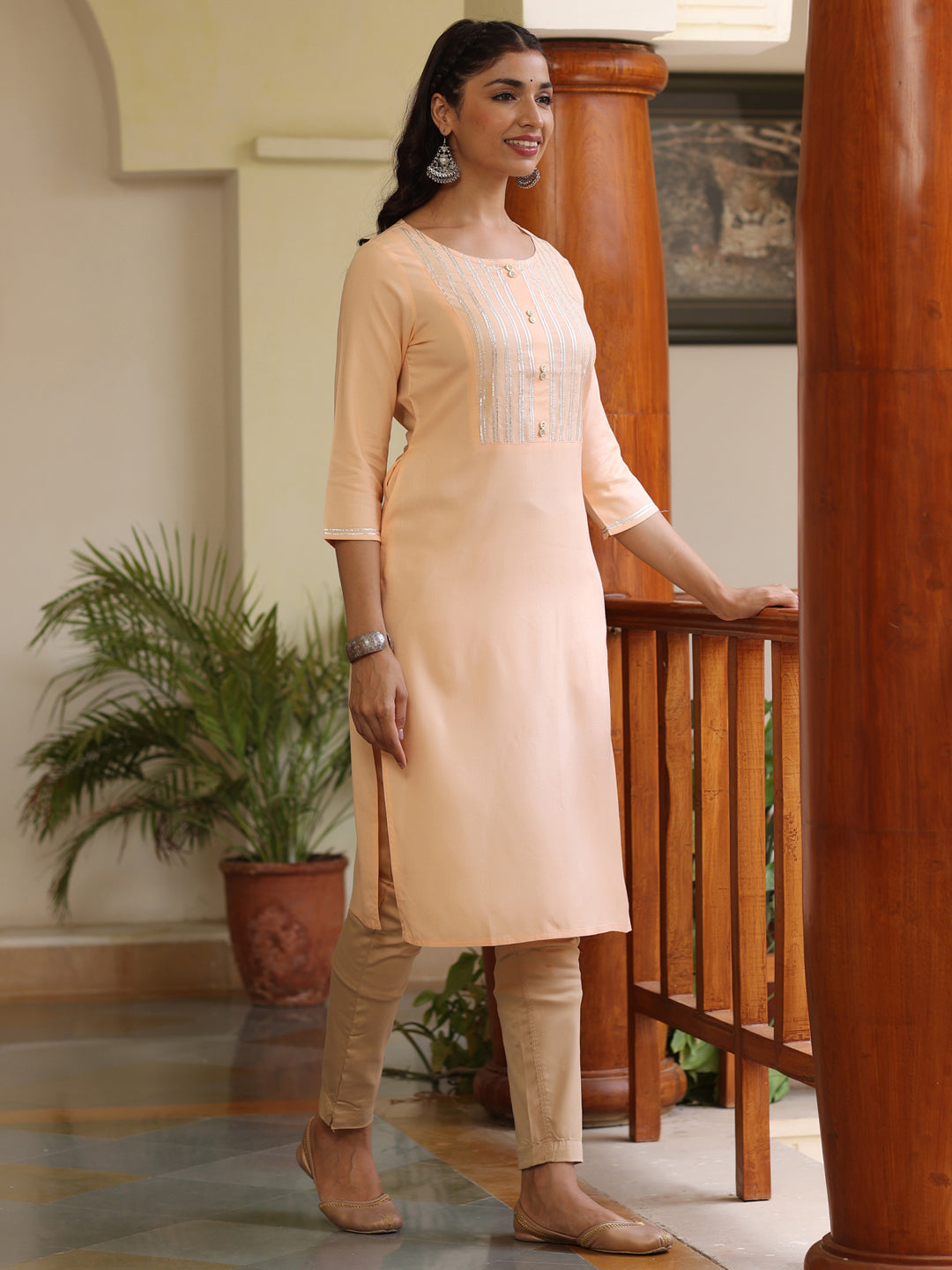 Rayon Solid Gota Embellished Peach Kurta