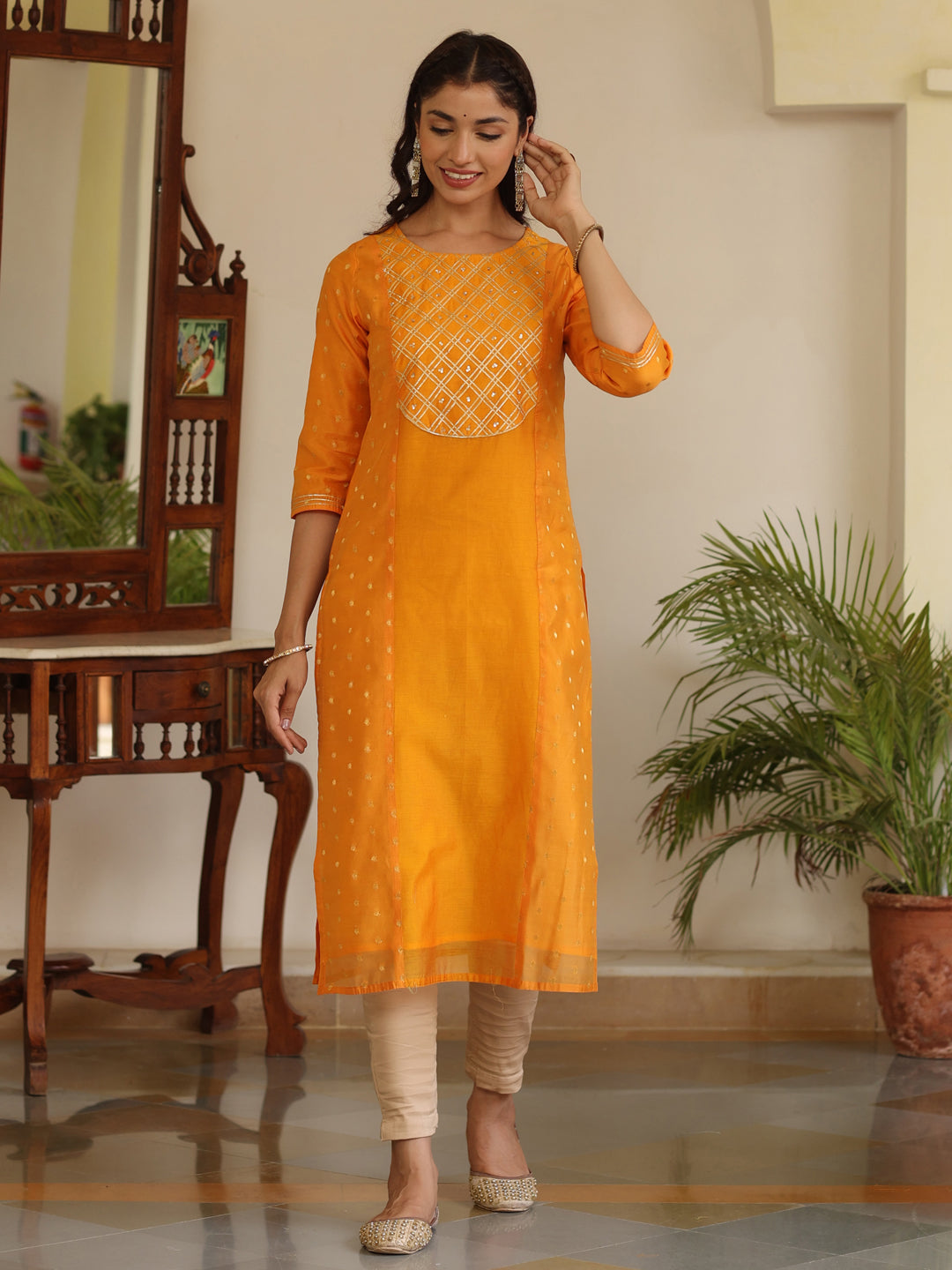 Orange Chanderi Gota And Sequence Embellished Straight Kurta