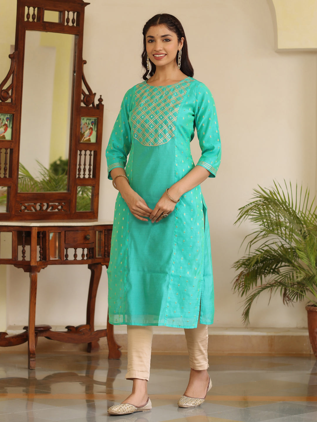 Turquoise Chanderi Gota And Sequence Embellished Straight Kurta