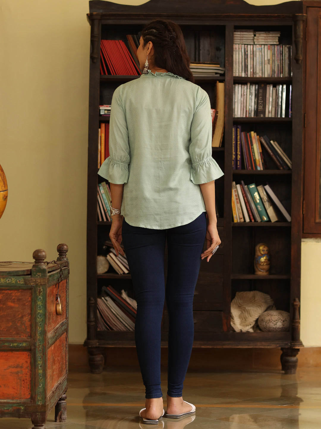 Sea Green Self Weave Rayon Shirt With Frills