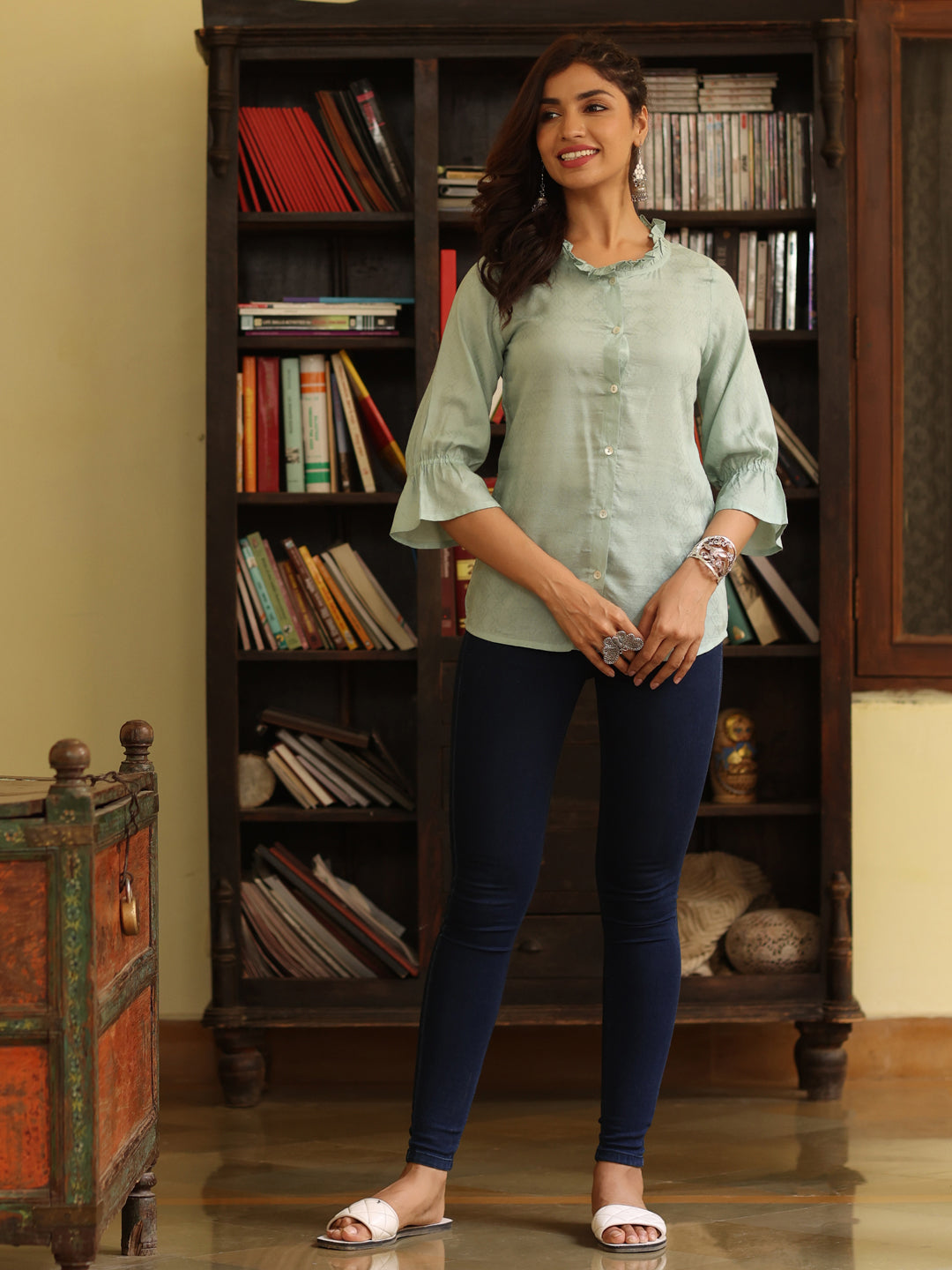 Sea Green Self Weave Rayon Shirt With Frills