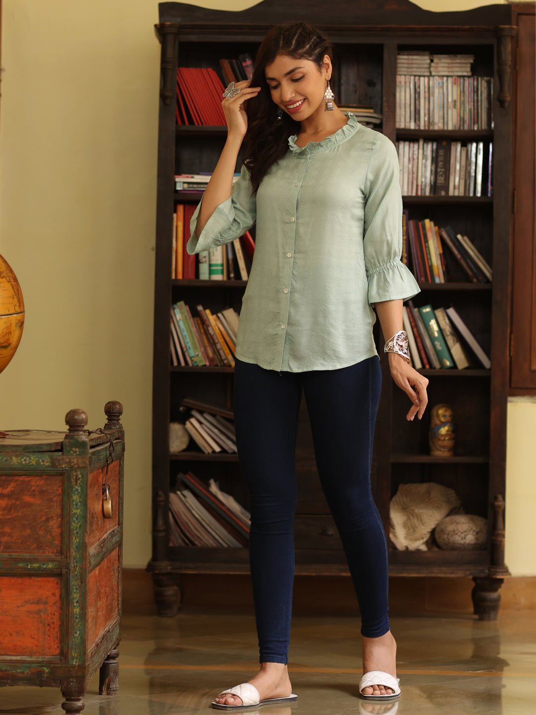 Sea Green Self Weave Rayon Shirt With Frills