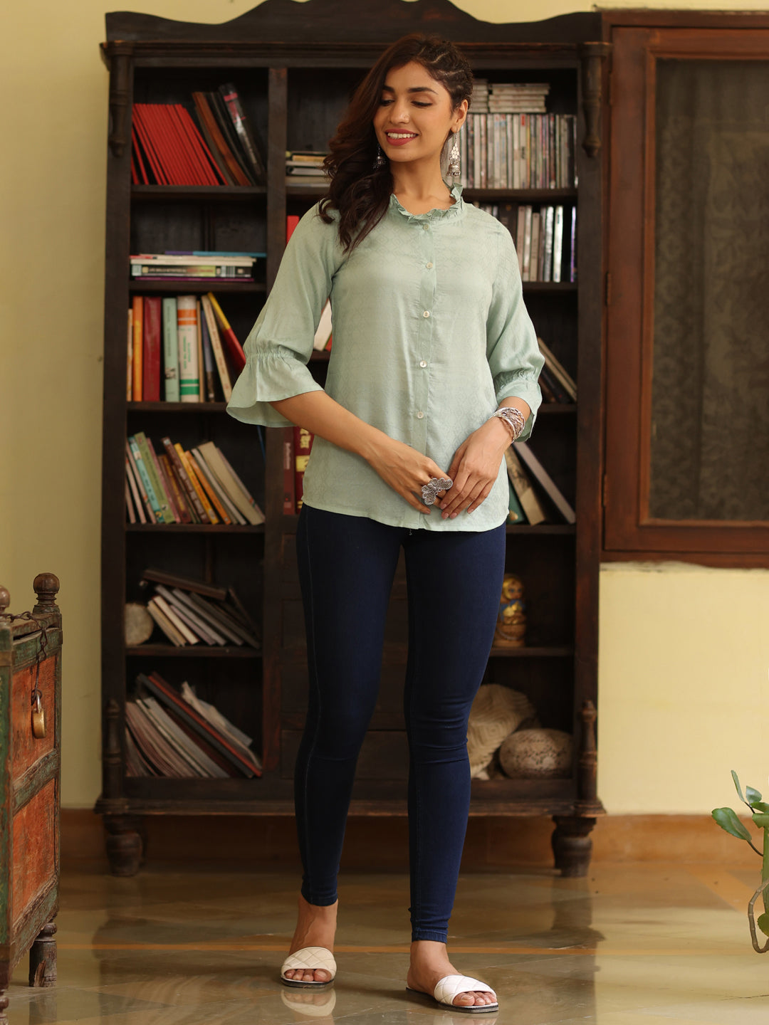 Sea Green Self Weave Rayon Shirt With Frills