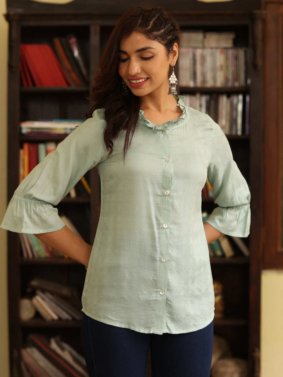 Sea Green Self Weave Rayon Shirt With Frills