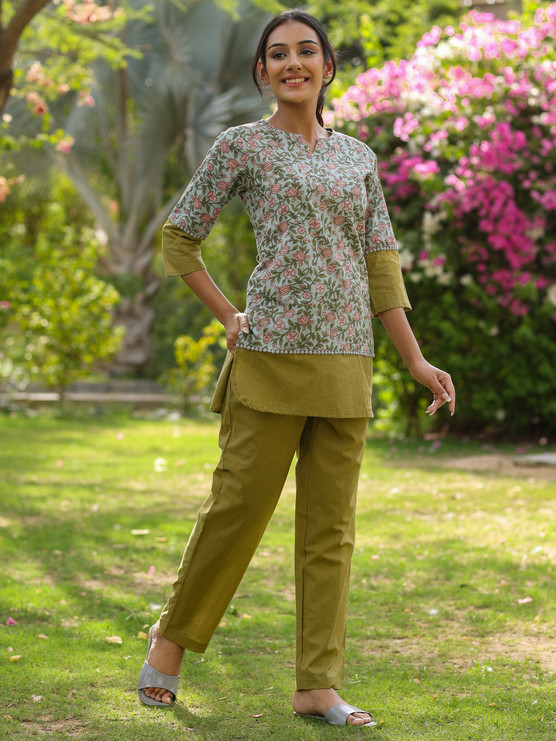 Olive Green Floral Printed Cotton Top With Solid Pants Loungewear Set