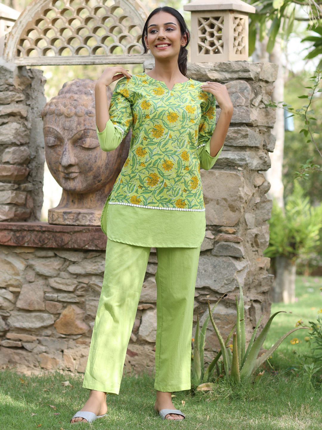 Lime Green Floral Printed Cotton Top With Solid Pants Loungewear Set