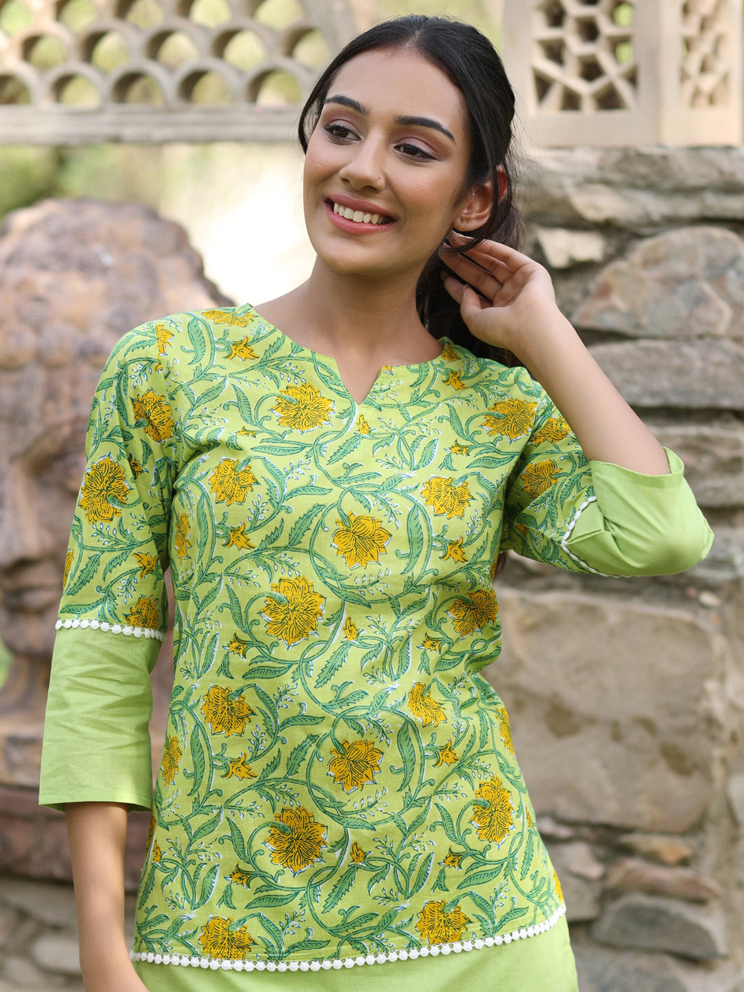 Lime Green Floral Printed Cotton Top With Solid Pants Loungewear Set