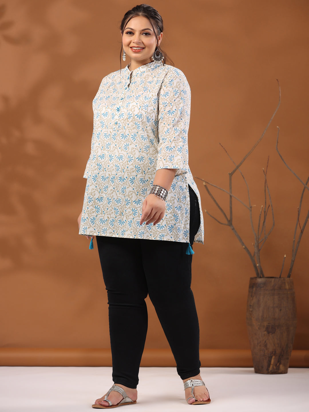 White & Turquoise Blue Plus Size Printed Cotton Straight Short Kurta