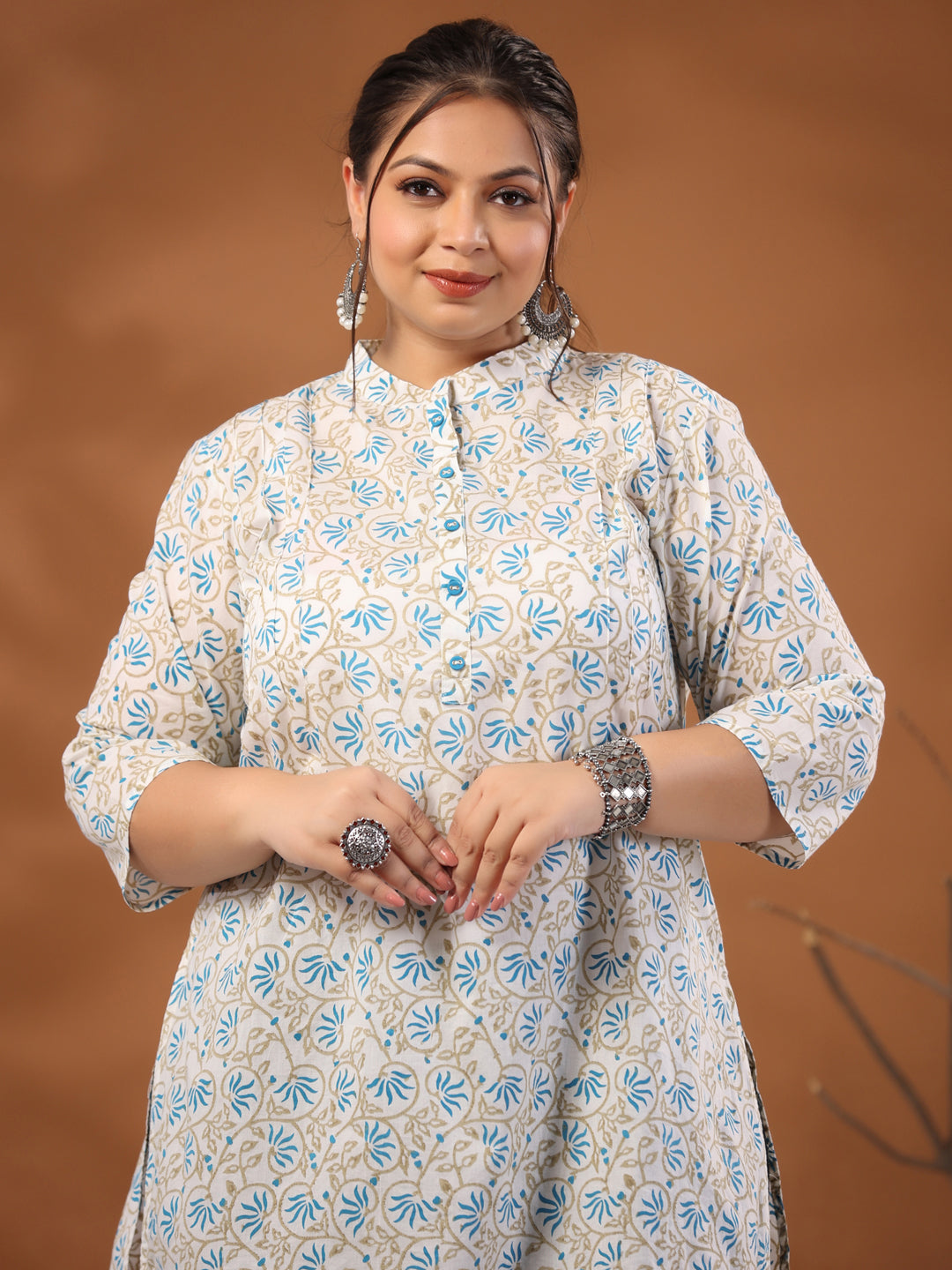 White & Turquoise Blue Plus Size Printed Cotton Straight Short Kurta