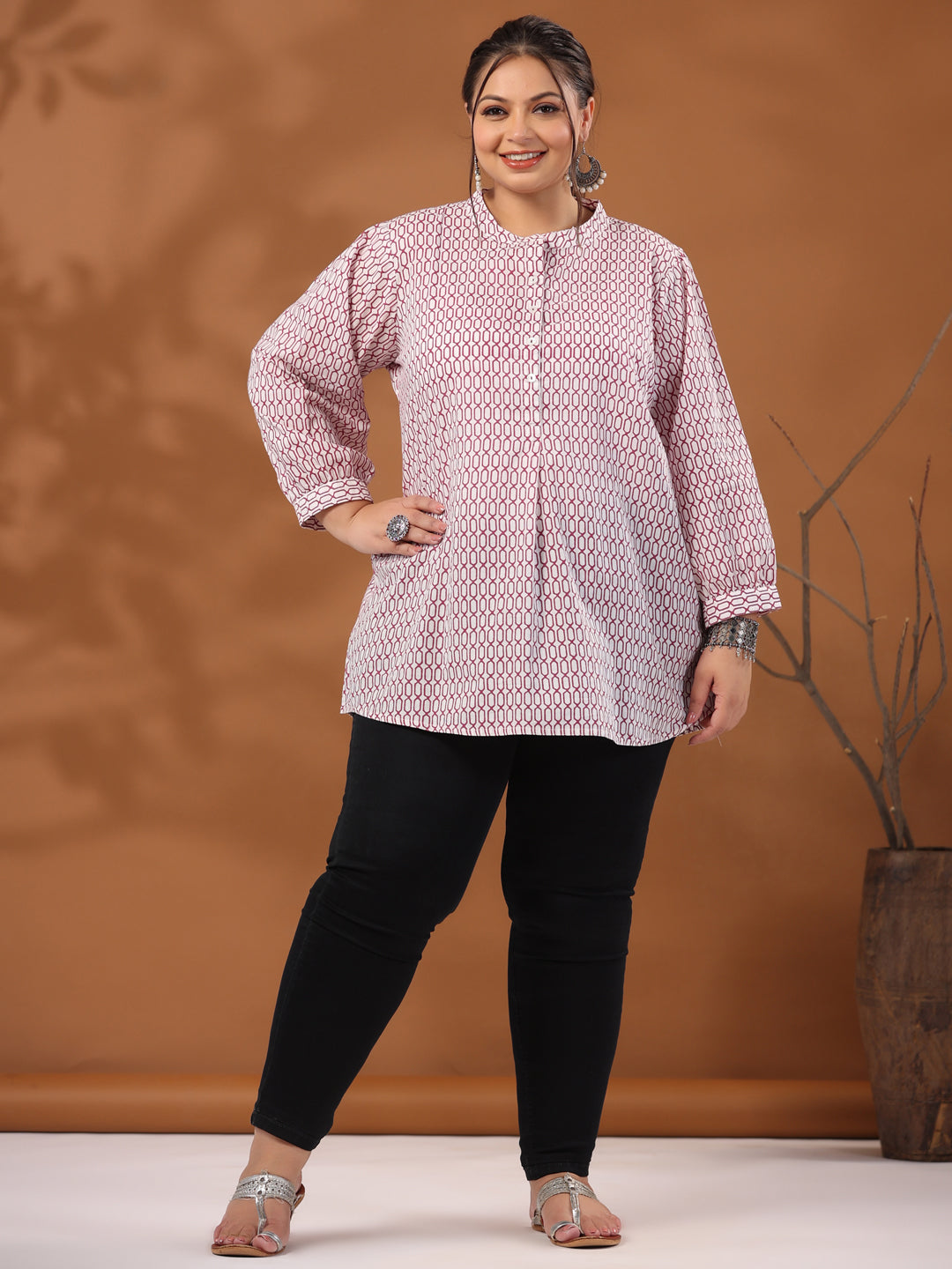 White And Magenta Plus Size Pleated Top