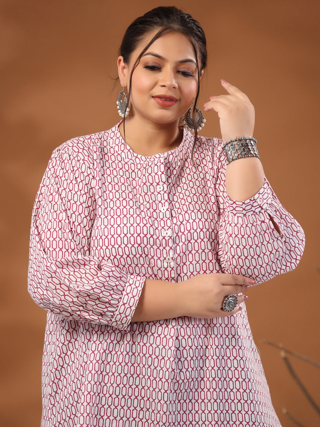 White And Magenta Plus Size Pleated Top