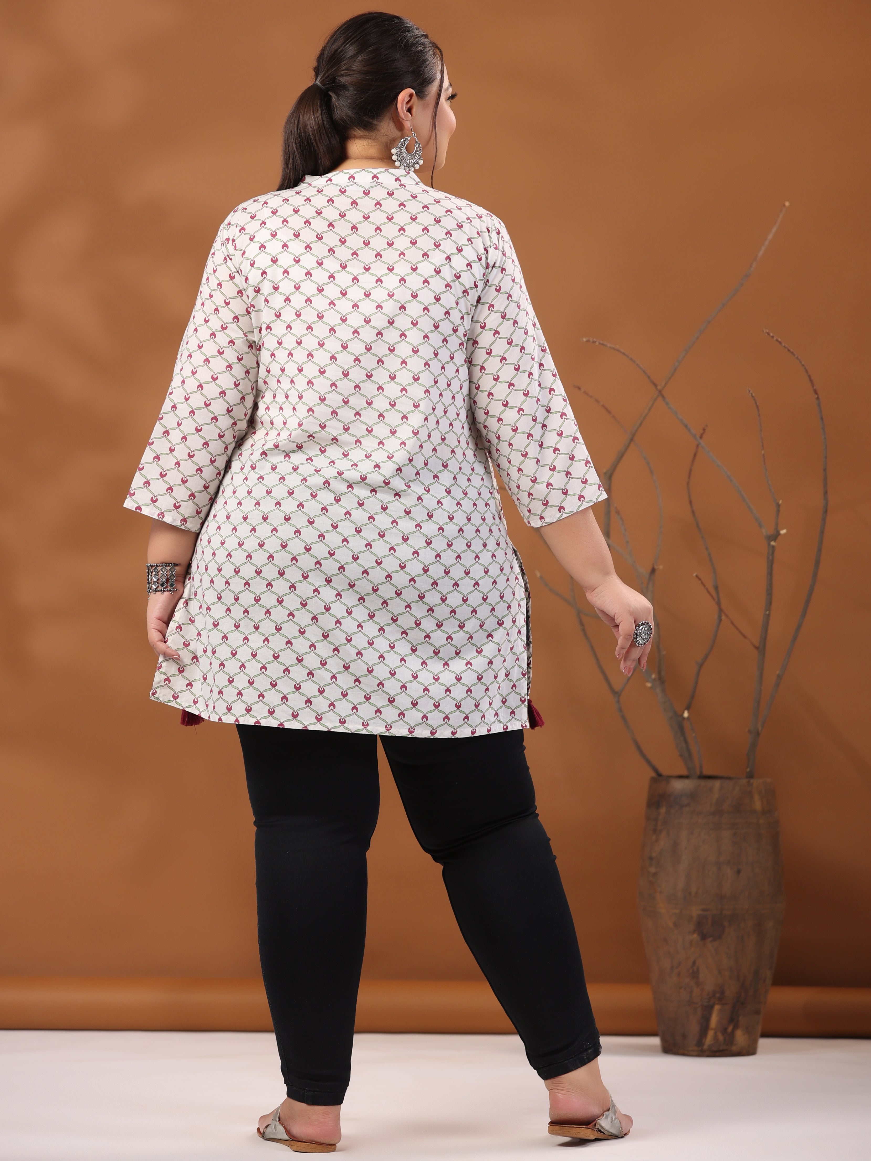 Plus Size Geometric Printed Cotton Short White Kurta