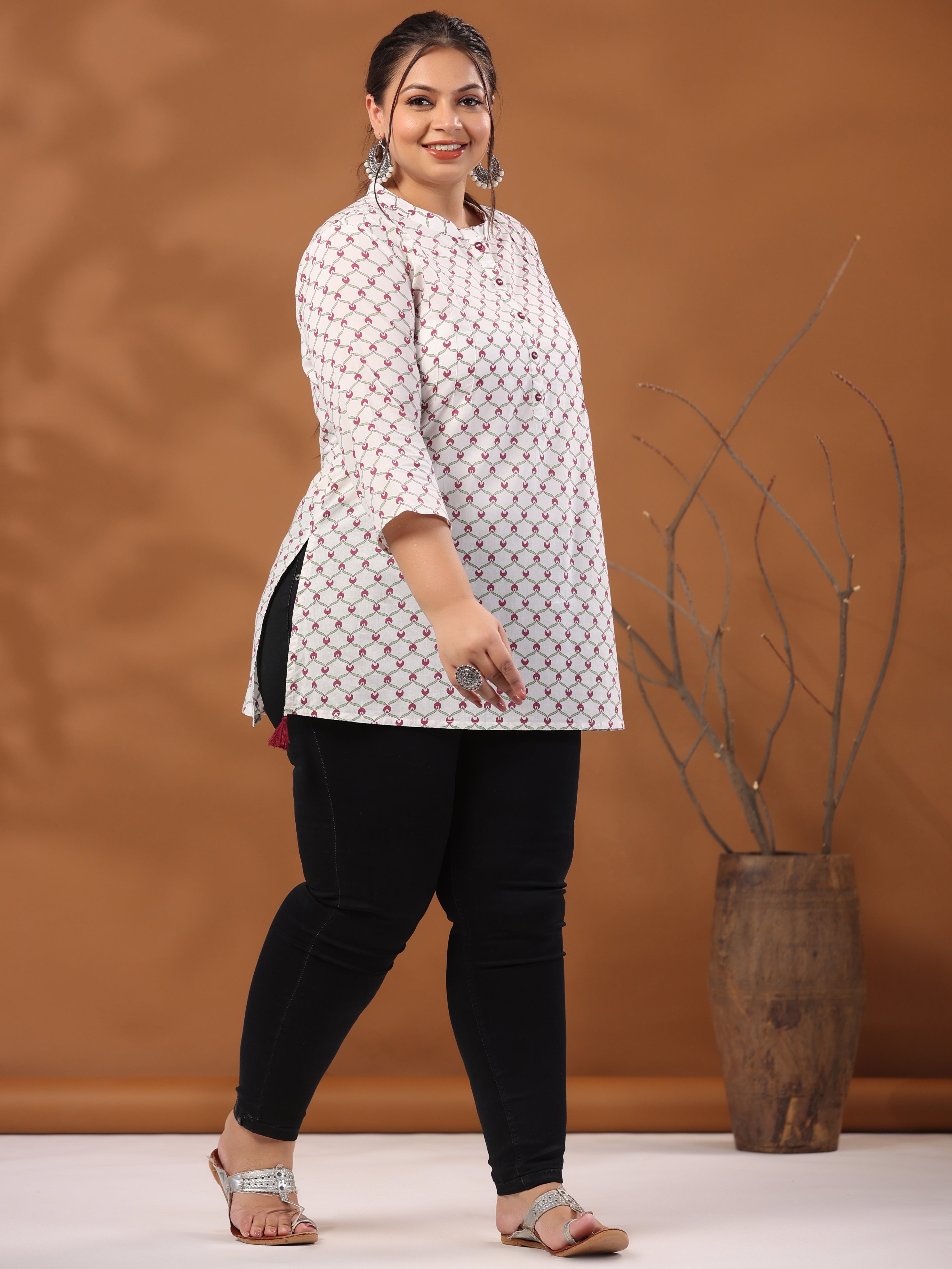 Plus Size Geometric Printed Cotton Short White Kurta