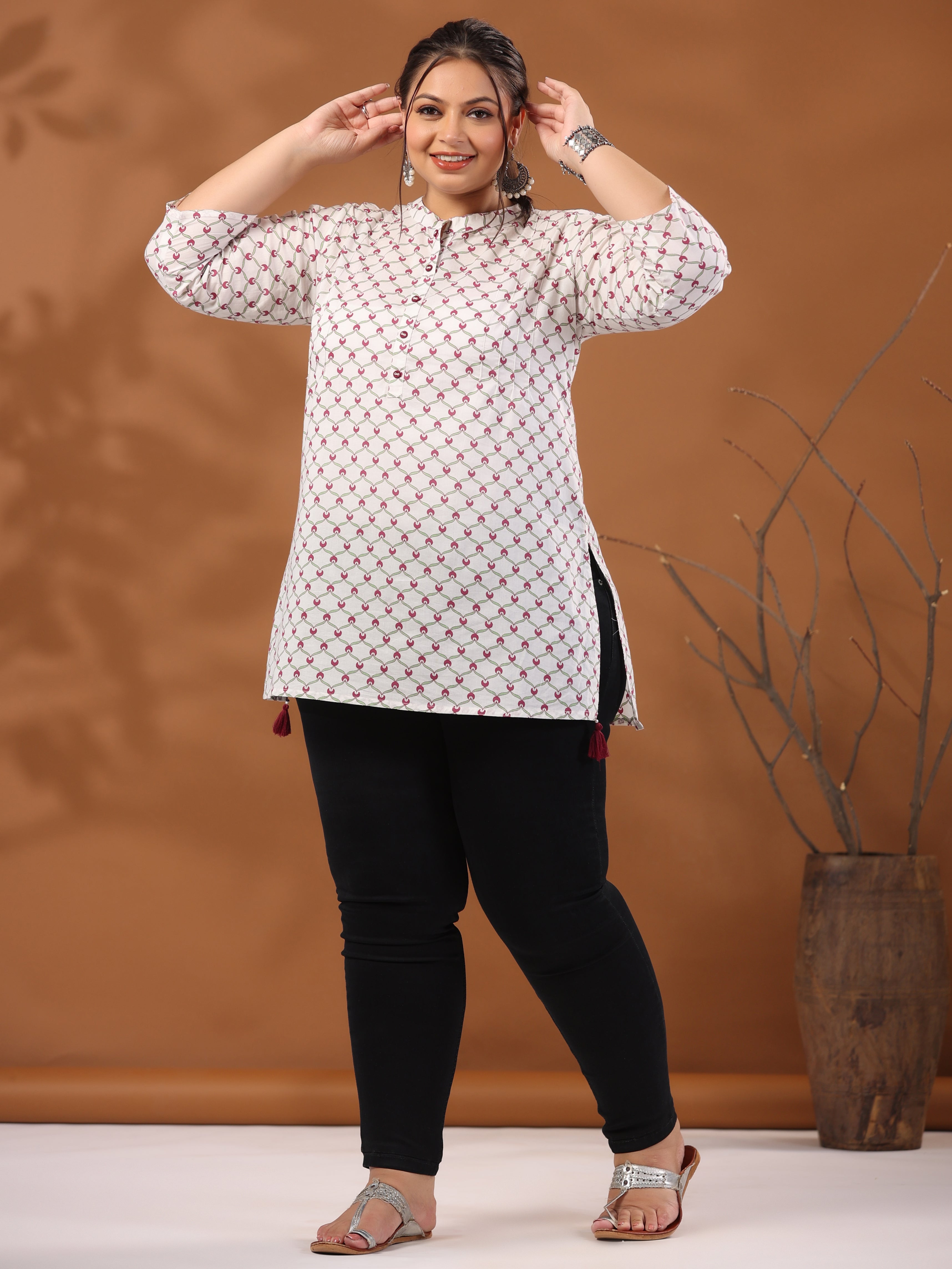 Plus Size Geometric Printed Cotton Short White Kurta