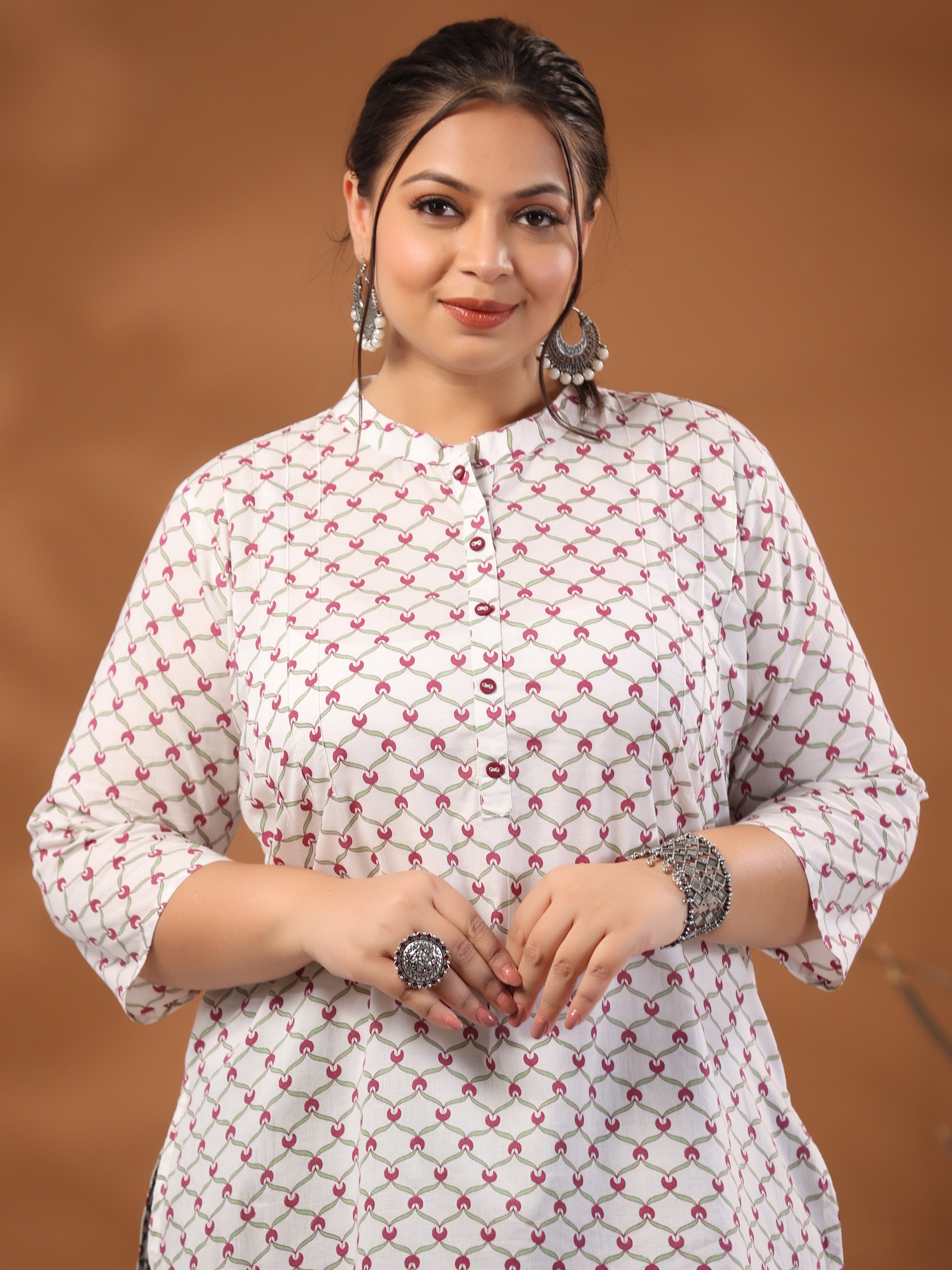 Plus Size Geometric Printed Cotton Short White Kurta
