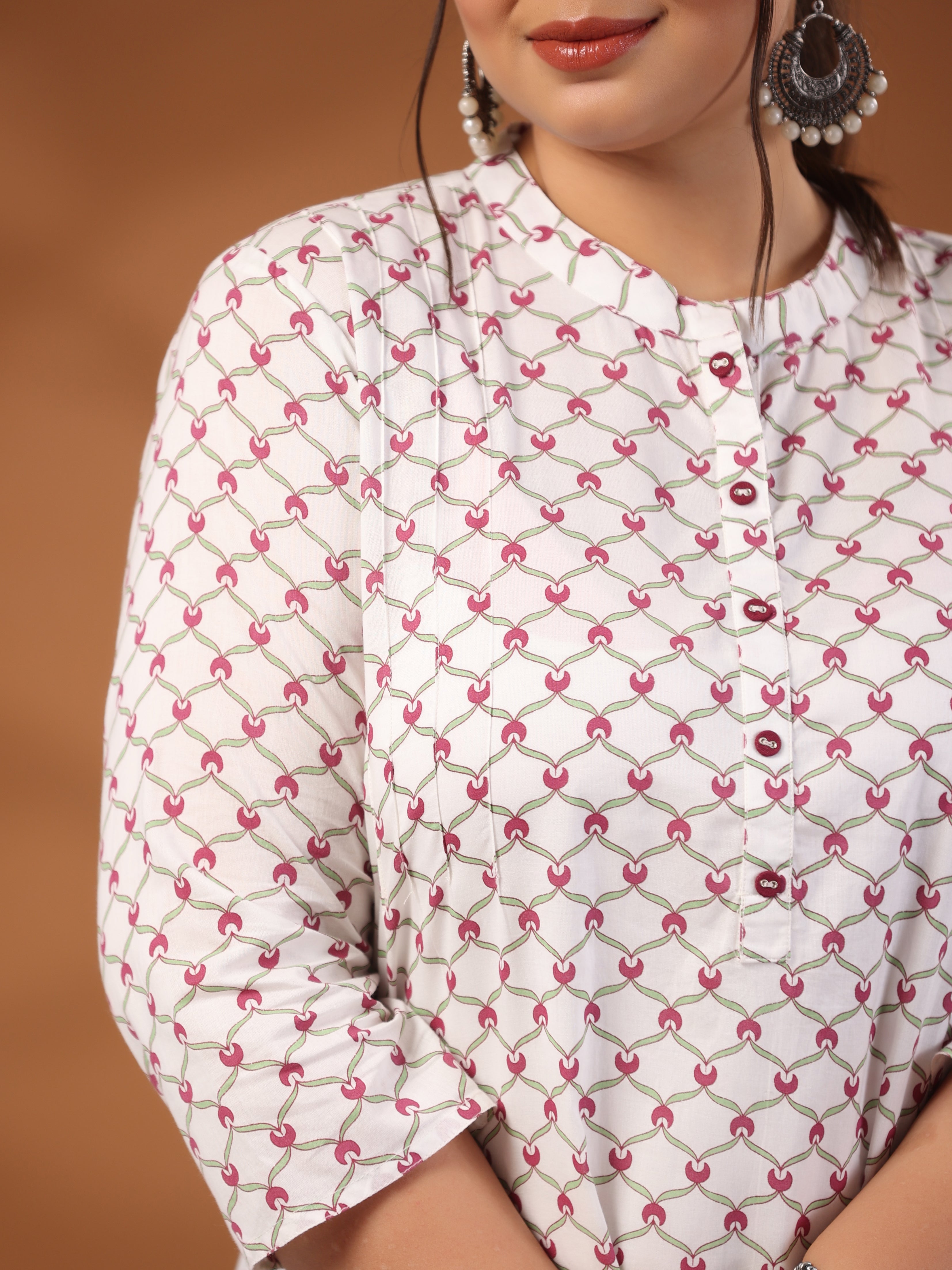 Plus Size Geometric Printed Cotton Short White Kurta