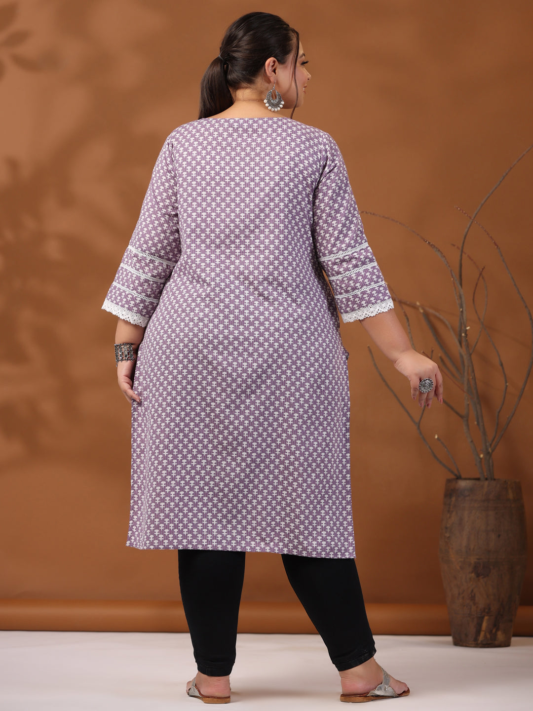 Lavender Plus Size Woven Kantha Printed Laced Straight Kurta
