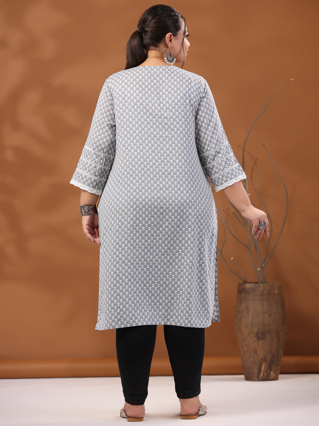 Grey Plus Size Woven Kantha Printed Laced Straight Kurta