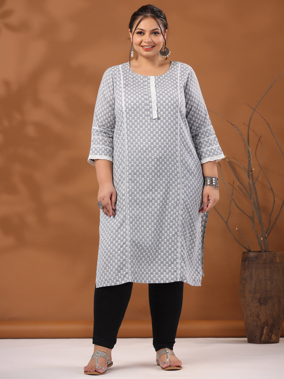 Grey Plus Size Woven Kantha Printed Laced Straight Kurta