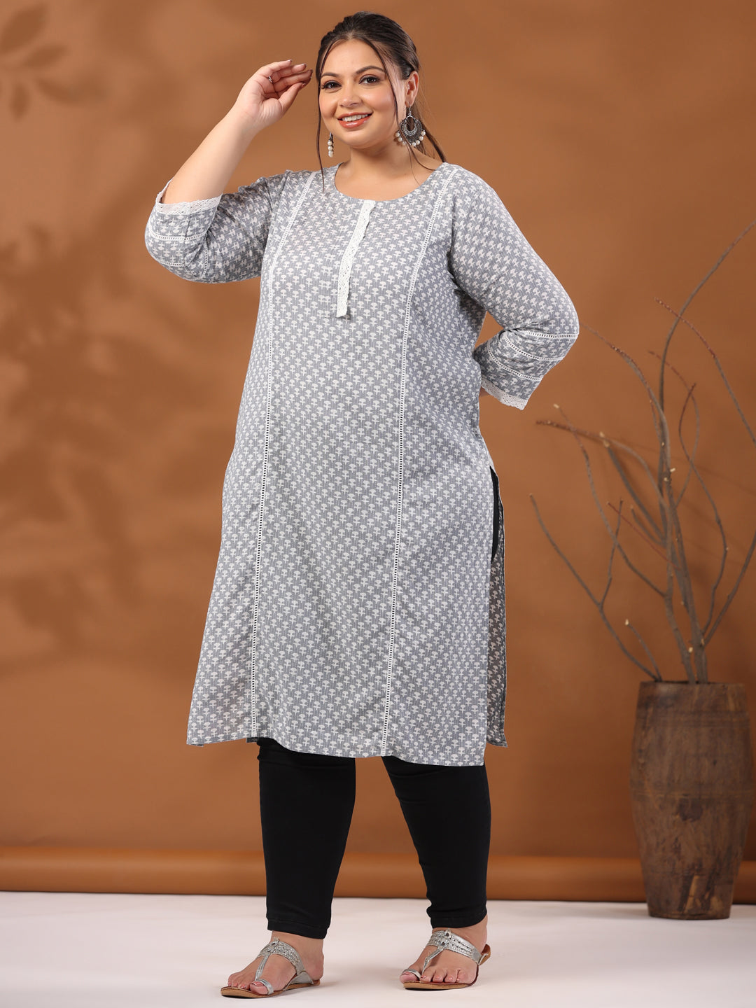 Grey Plus Size Woven Kantha Printed Laced Straight Kurta