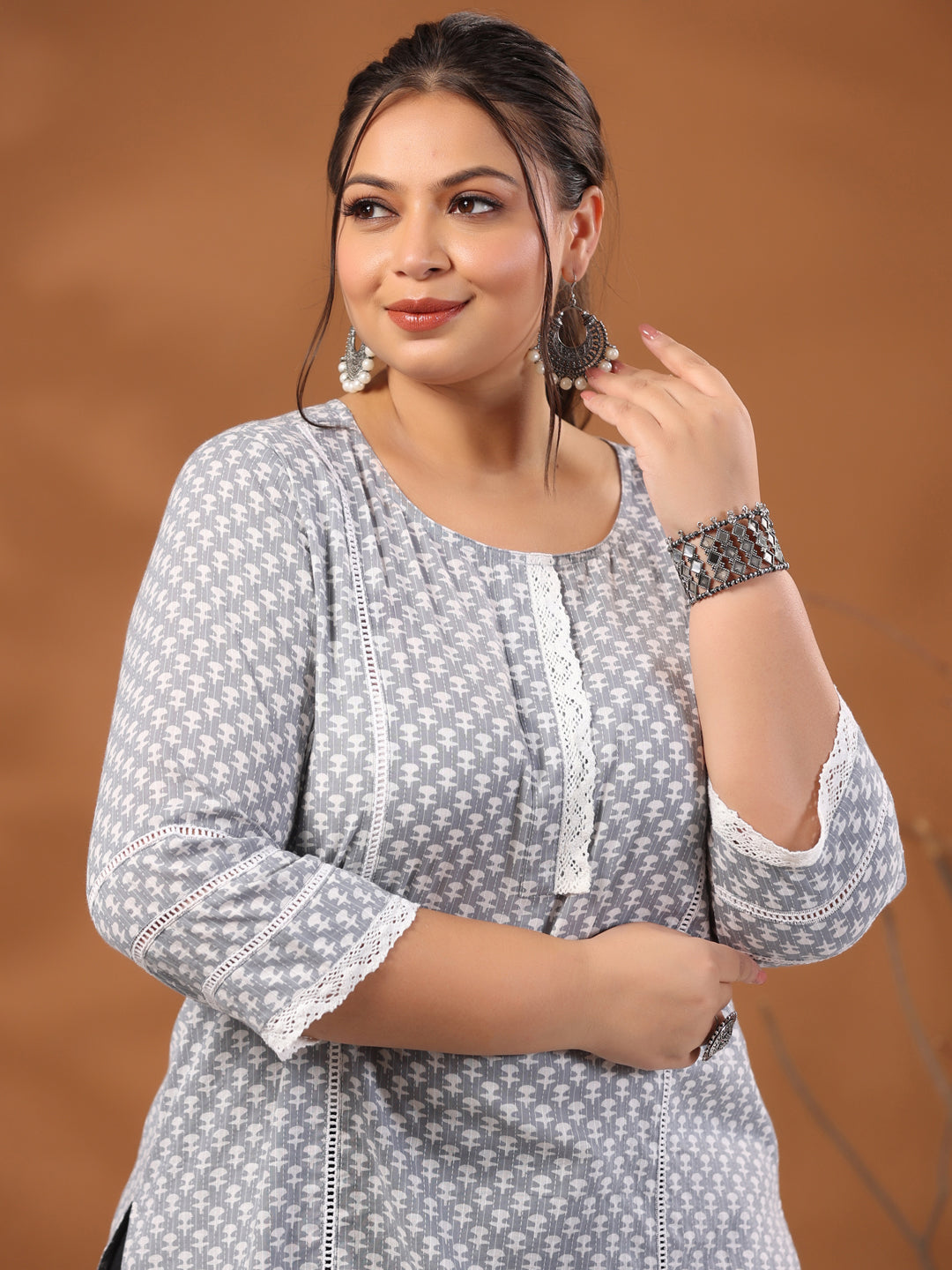 Grey Plus Size Woven Kantha Printed Laced Straight Kurta