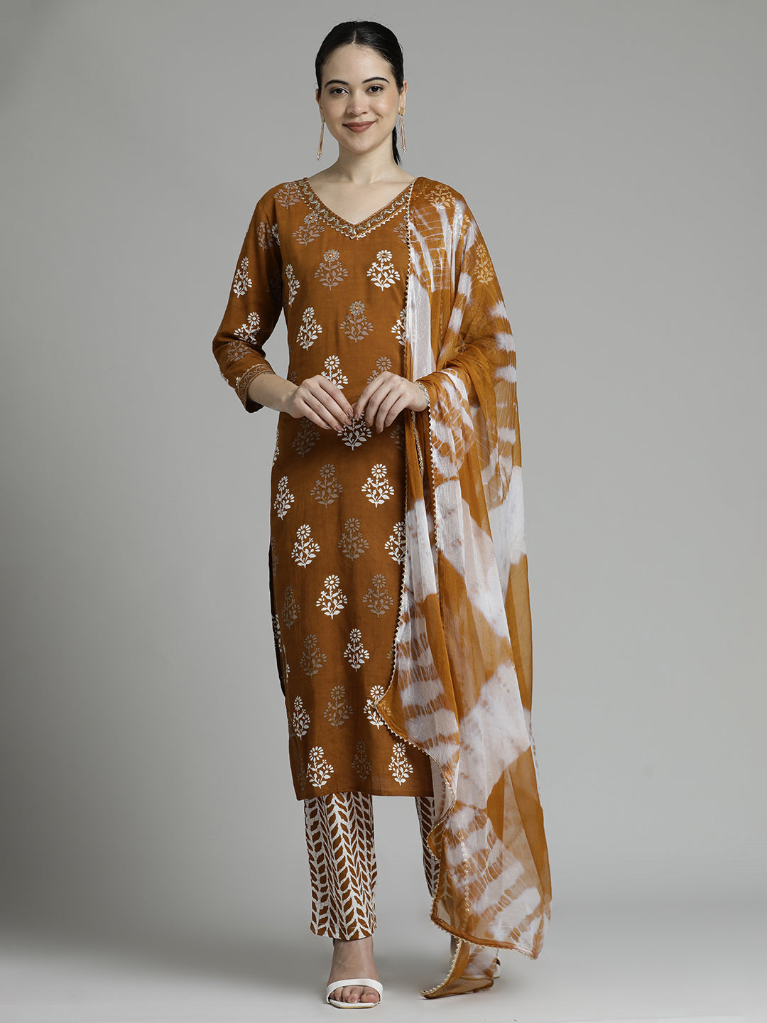 Brown Ethnic Motif Printed Pure Cotton Suit Set