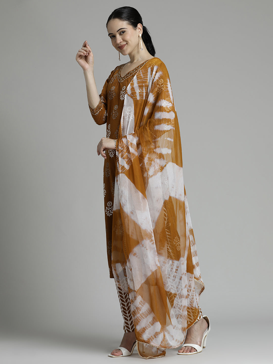 Brown Ethnic Motif Printed Pure Cotton Suit Set