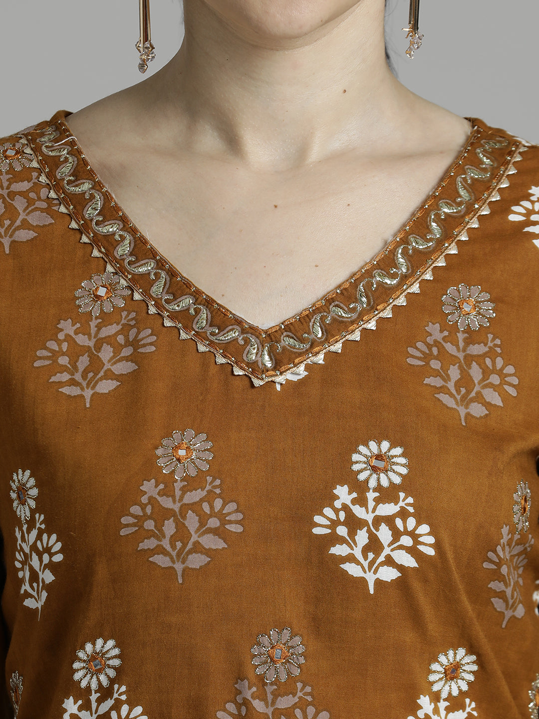 Brown Ethnic Motif Printed Pure Cotton Suit Set