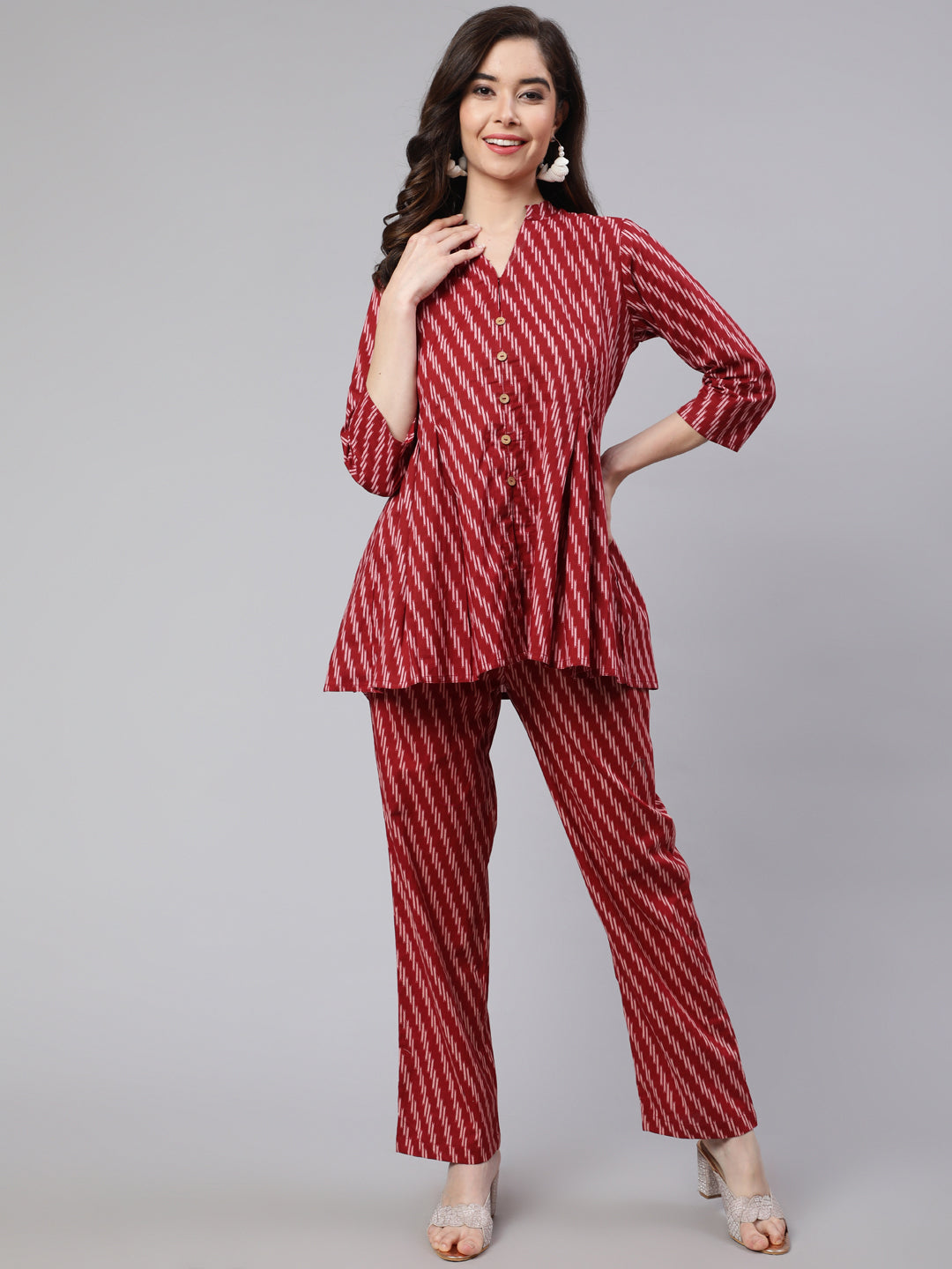 Maroon Printed Pleated Top with Printed Pant Co-Ord Set