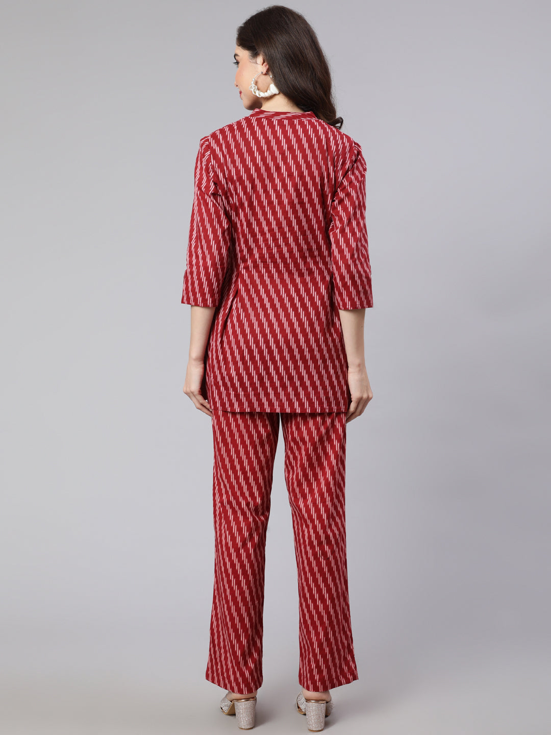 Maroon Printed Pleated Top with Printed Pant Co-Ord Set
