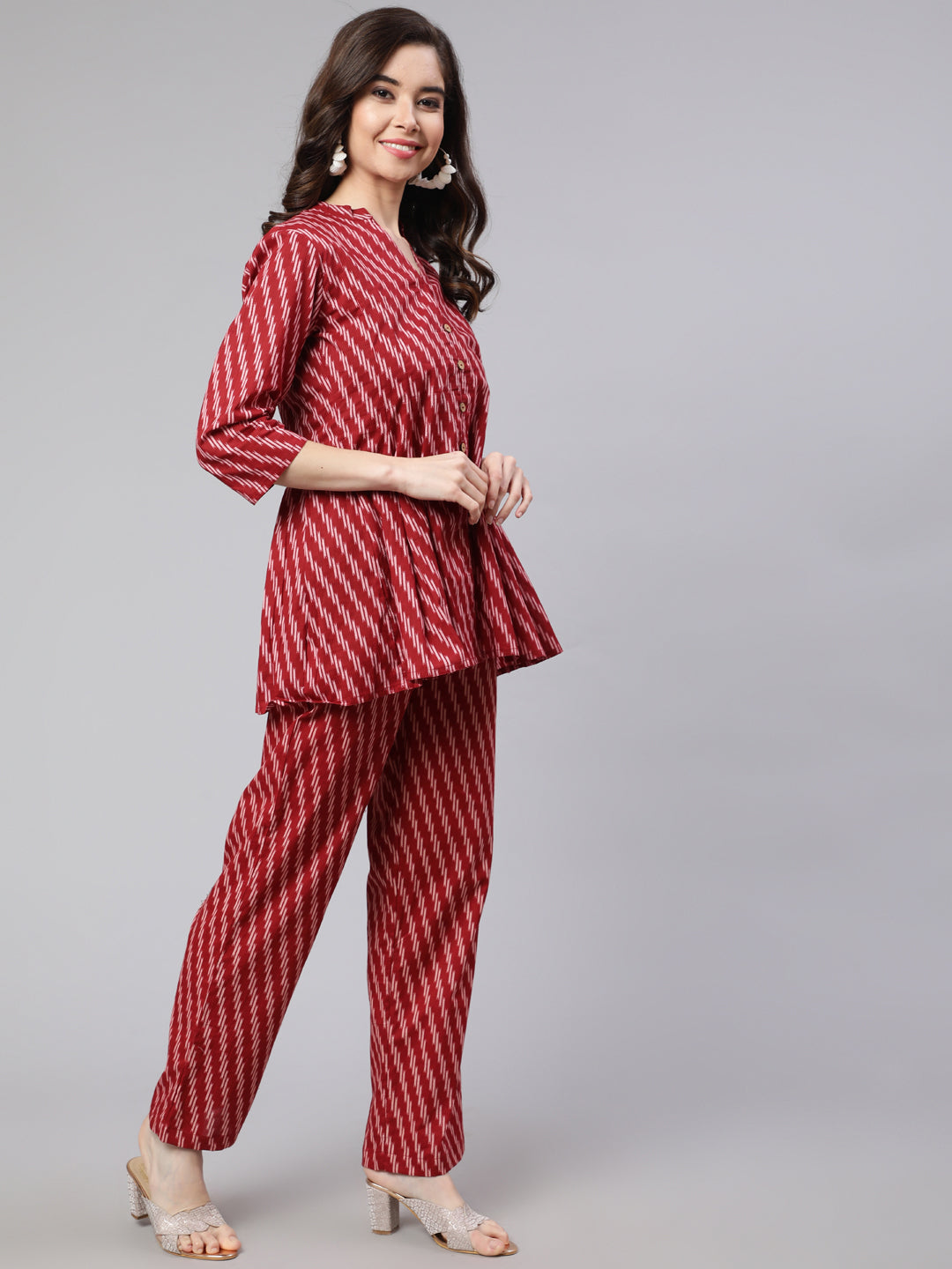 Maroon Printed Pleated Top with Printed Pant Co-Ord Set