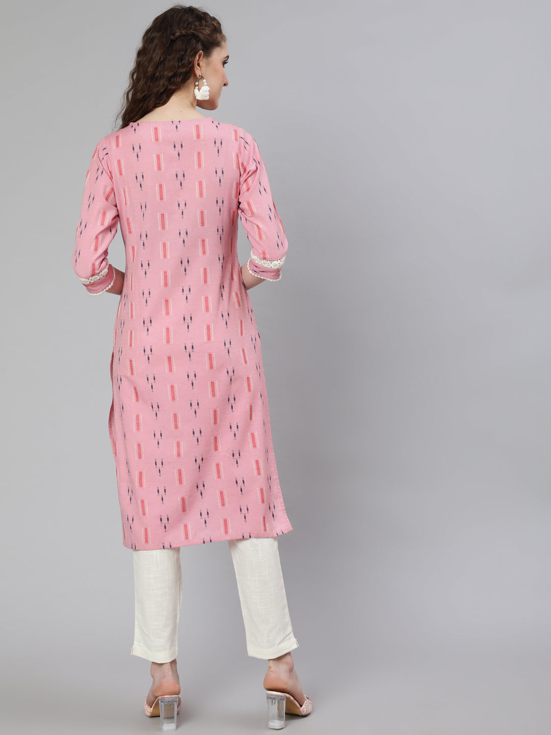 Pink Self Weaved Straight Kurta With Lace Detail And Off-White Pants