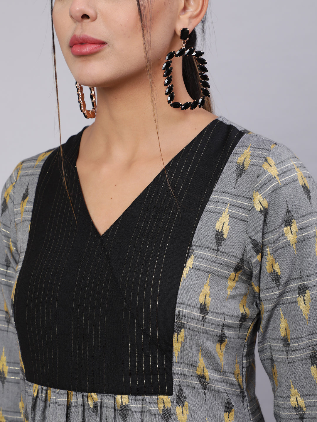 Grey Self Weaved Ikat Straight Kurta