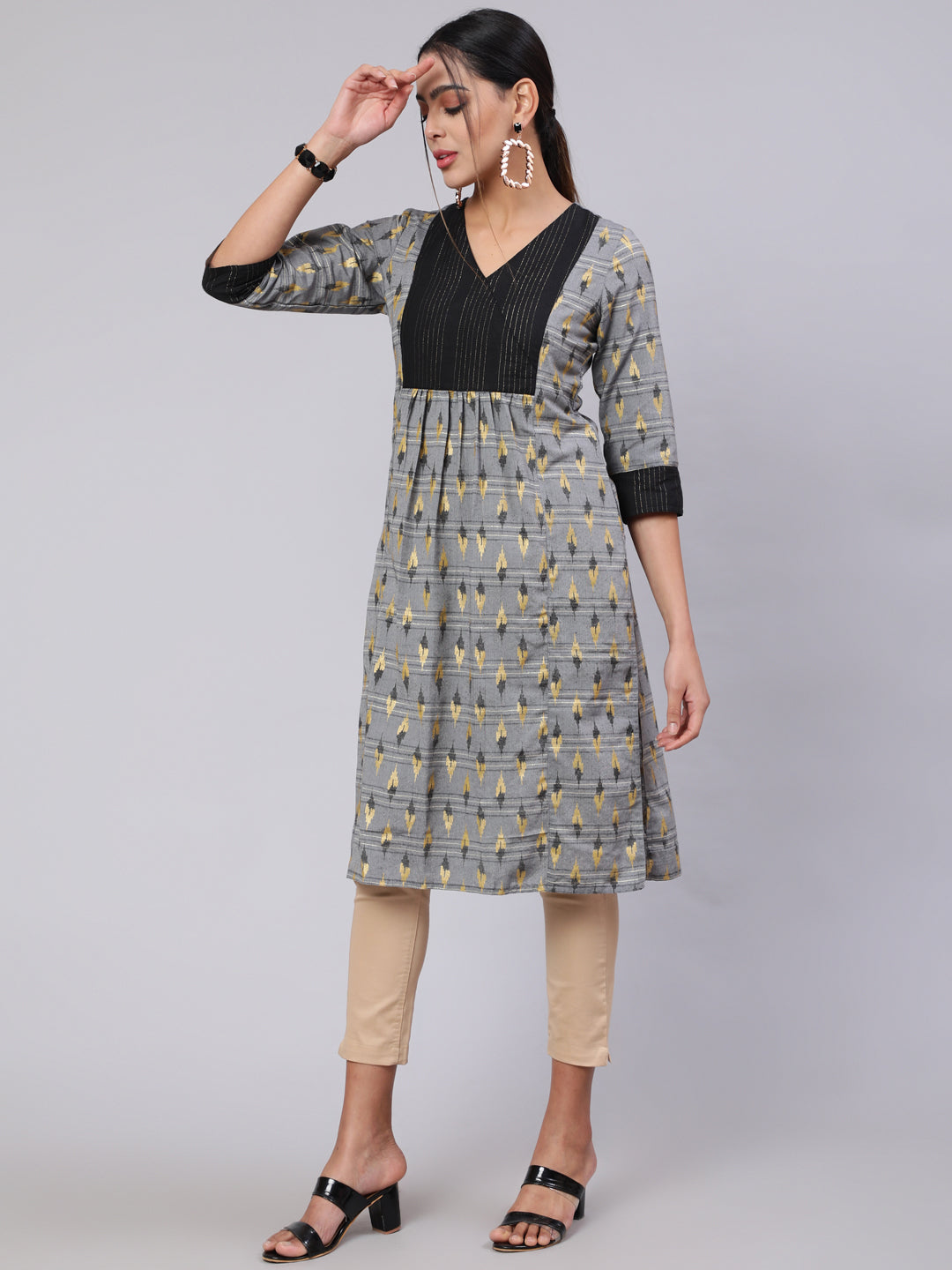Grey Self Weaved Ikat Straight Kurta