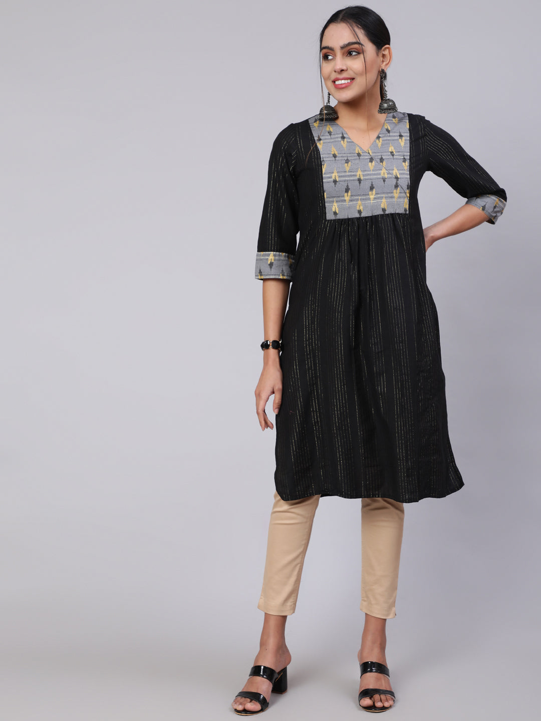 Black Self Weave Straight Kurta