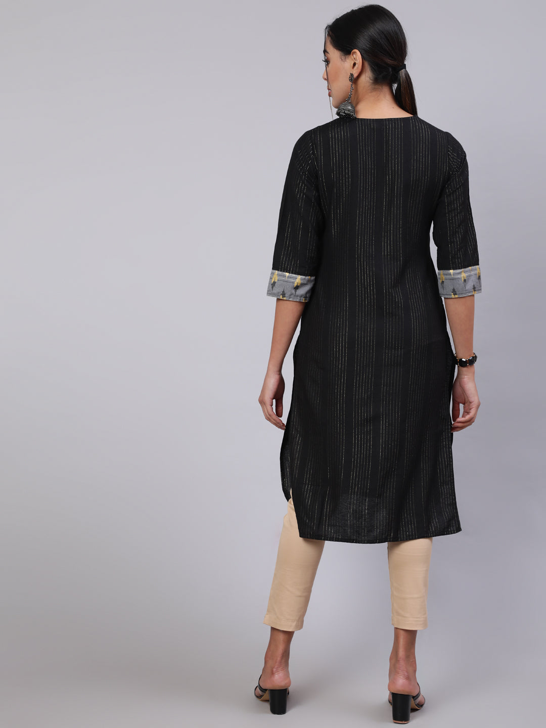 Black Self Weave Straight Kurta