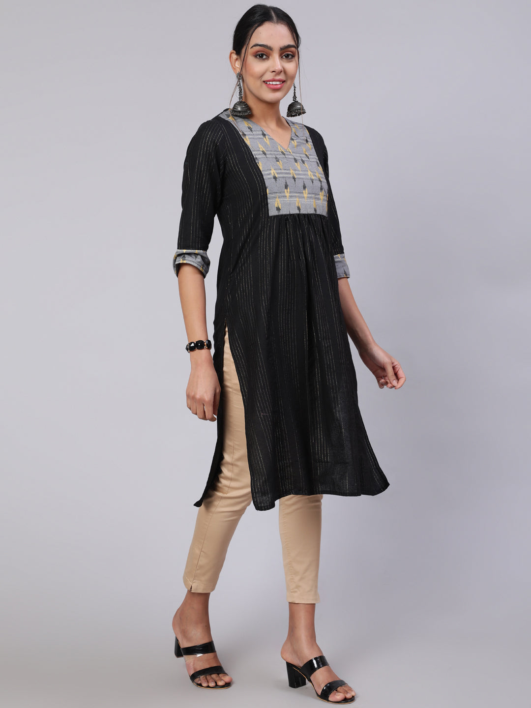 Black Self Weave Straight Kurta