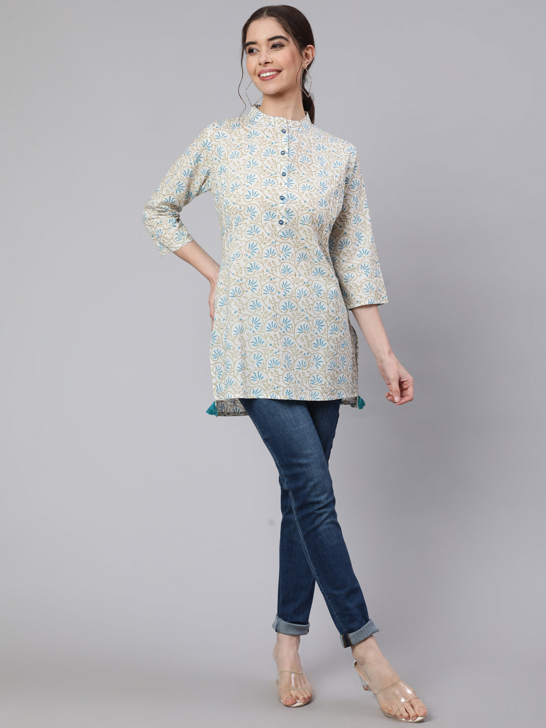 White & Blue Printed Cotton Straight Short Kurta
