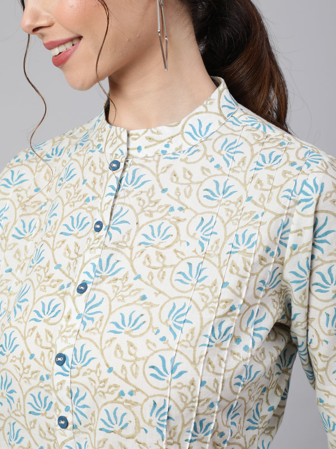 White & Blue Printed Cotton Straight Short Kurta