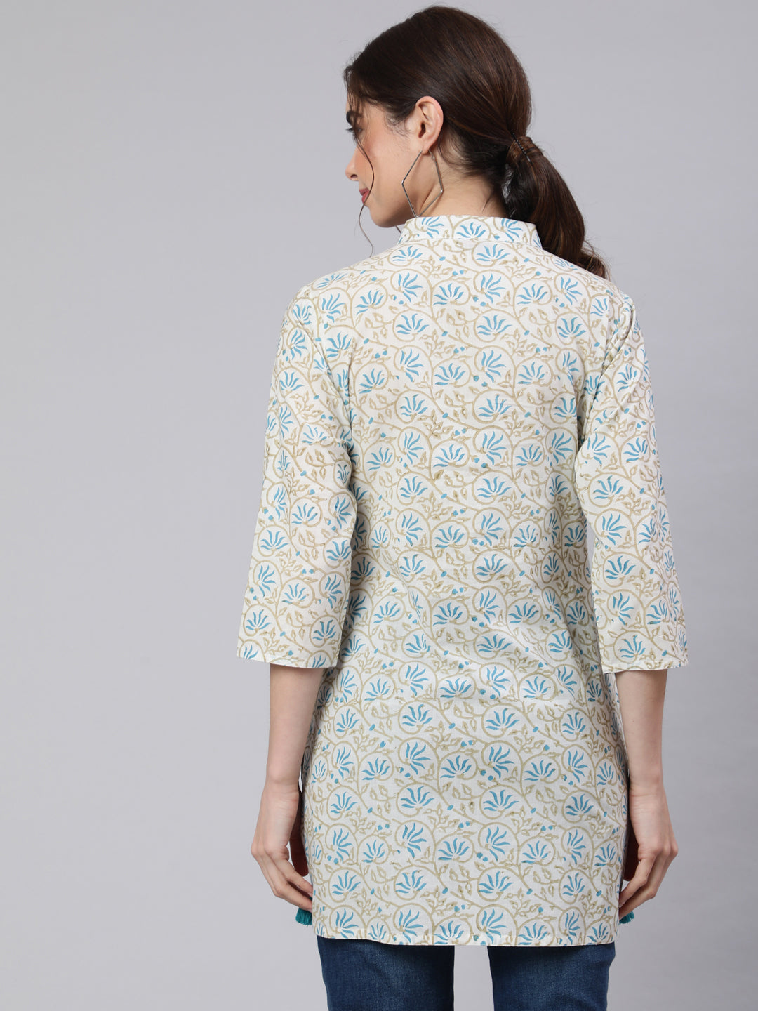 White & Blue Printed Cotton Straight Short Kurta