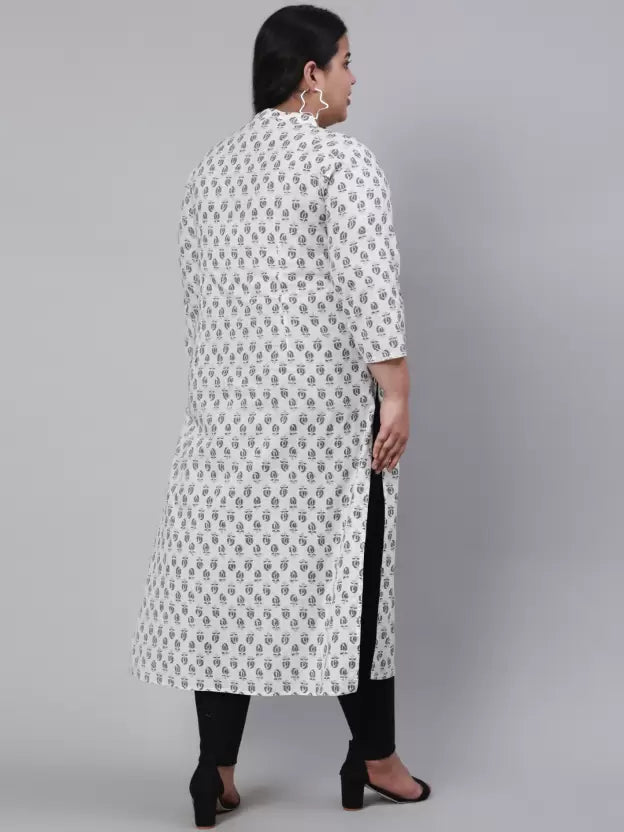 White & Grey Plus Size Straight Fit Cotton Embroidered Kurta
