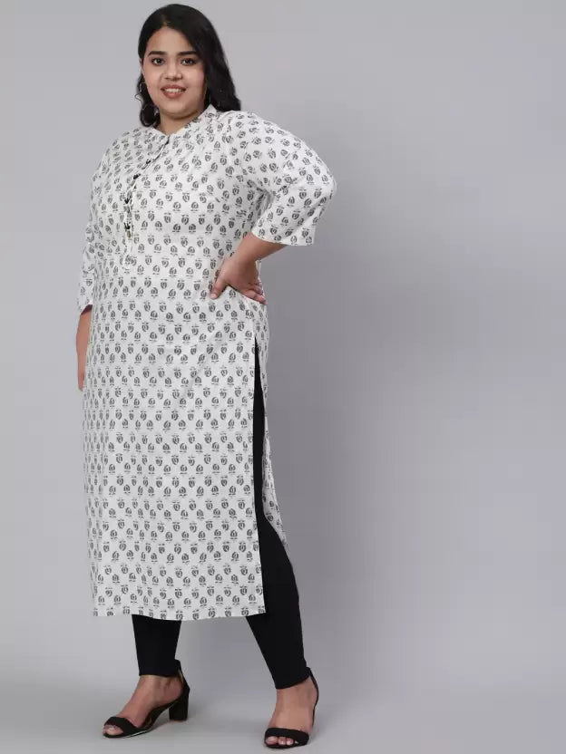 White & Grey Plus Size Straight Fit Cotton Embroidered Kurta